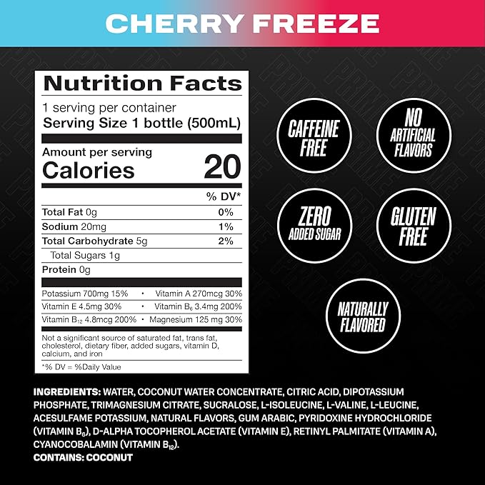 PRIME Hydration CHERRY FREEZE, Sports Drinks, Electrolyte Enhanced for Replenishing Fluids, 250mg BCAAs, B Vitamins, Antioxidants, Low Sugar, 16.9 Fl Oz, 12 Pack