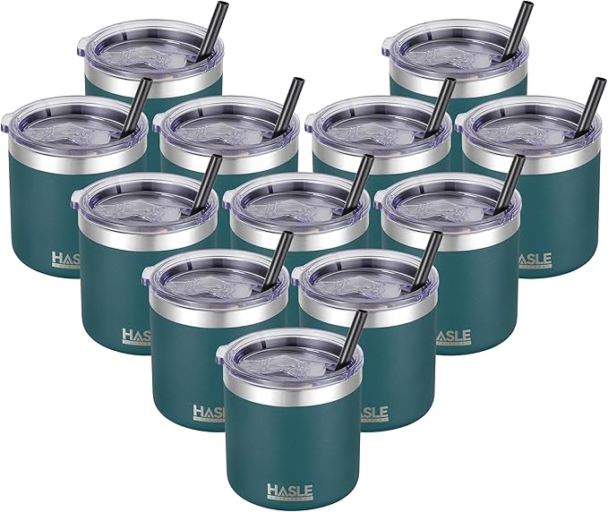 HASLE OUTFITTERS 10oz Insulated Tumblers with Lid and Straw,Stainless Steel Tumbler Travel Coffee Mug,Double Wall Reusable Tumbler Cup for Iced and Hot Drinks(Dark Green,12 Pack)