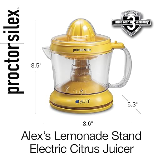 Proctor Silex Alex's Lemonade Stand Electric Citrus Juicer Machine and Squeezer, for Lemons, Limes and Oranges, 34 oz, Yellow (66331)