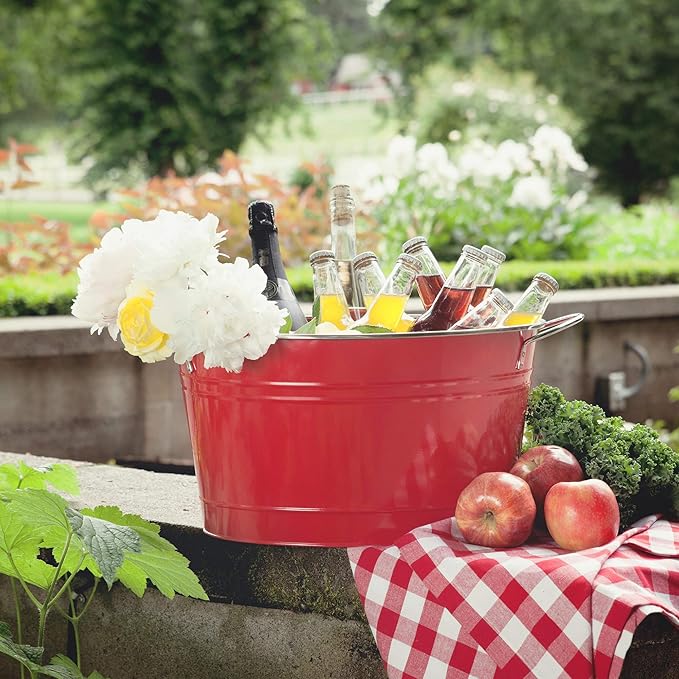 Twine Big Red Ice Bucket - Galvanized Metal Drink Beverage Tub for Home Parties, Country Home Wine And Beer Chiller, Holds 4.5 Gallons