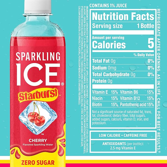 Sparkling Ice STARBURST Variety Pack, Zero Sugar Flavored Sparkling Water, with Vitamins and Antioxidants, Low Calorie Beverage, 17 fl oz, 12 count (Cherry, Strawberry, Lemon, Orange)
