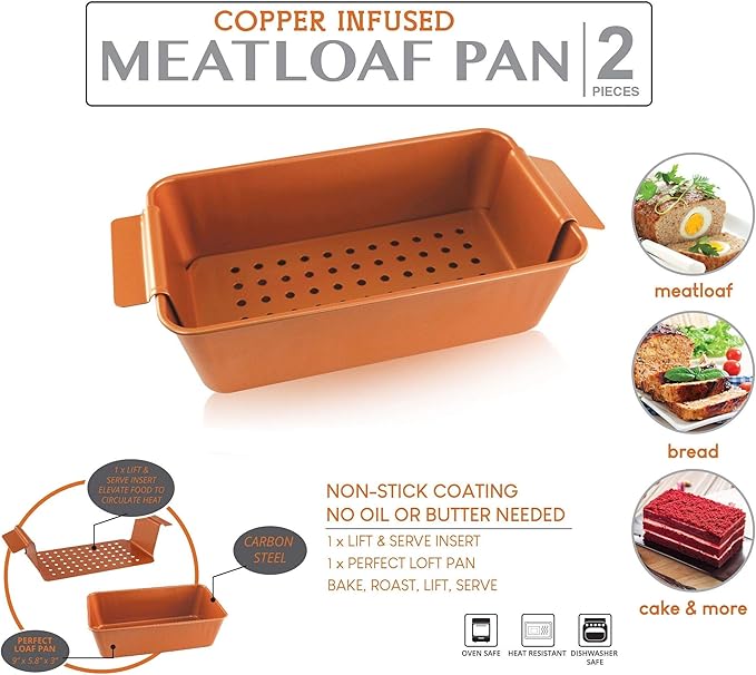 Volar Non-Stick Meatloaf Pan 2-Piece Healthy Meatloaf Pan Set Copper Coating With Removable Tray Drains Grease