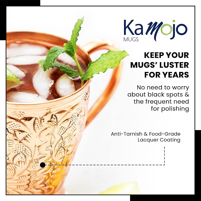 Copper Cups Set of 2 with Unique Handcrafted Embossed Design with Anti-Tarnish Food-Grade Coating - Moscow Mule Copper Mugs Gift Set with 2 Straws & Recipe E-Book, 16 oz