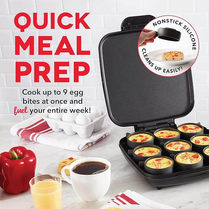DASH Sous Vide Style Family Size Egg Bite Maker for Breakfast Bites, Sandwiches, Healthy Snacks or Desserts, Keto & Paleo Friendly (9 Servings), Black