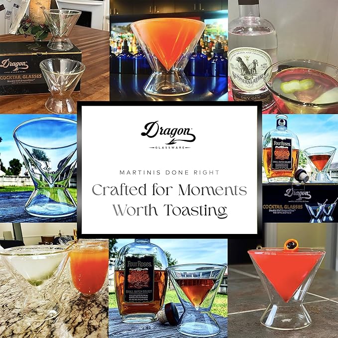 Dragon Glassware Stemless Martini Glasses - 7 oz Clear Set of 2 - Double Wall Insulated Cocktail Glass Set - Unique and Fun Gift for Espresso Martini Lovers