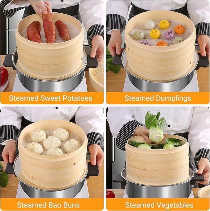 Bamboo Steamer Basket - 10 Inch 2-Tier Bamboo Dumpling Steamer for Cooking Dim Sum, Momo, Rice - Bao Bun - Natural Chinese Steam Baskets with Stainless Steel Ring Set