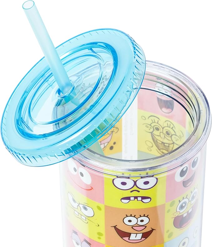 Silver Buffalo Spongebob Squarepants Character Emotions Grid Featuring Patrick Star, Sandy Cheeks, Squidward Tentacles, and Fish Plastic Tall Cold Cup With Lid and Straw, 20 Ounces