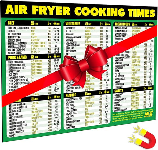 Air Fryer Cooking Times Magnetic Cheat Sheet - Extra Large Easy to Read 11” x 8.5” Airfryer Kitchen Accessory - Quick Reference Guide Magnet for Over 90 Popular Airfry Foods - Cook Healthy Meals Fast