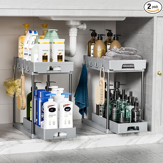 Delamu Under Sink Organizers and Storage, 2 Pack Pull Out Kitchen Bathroom Cabinet Organizer, 2 Tier Grey Under Sink Storage for Bathroom Kitchen