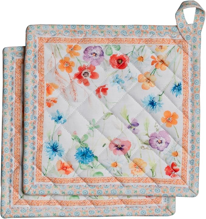Maison d' Hermine Pot Holders Set 100% Cotton Heat Resistant Potholders 8" x 8" Hot Pads with Loop BBQ, Cooking, Baking, Grilling, Kitchen, Handling Hot Pans Spring/Summer (Pack of 2, Summer Whisper)