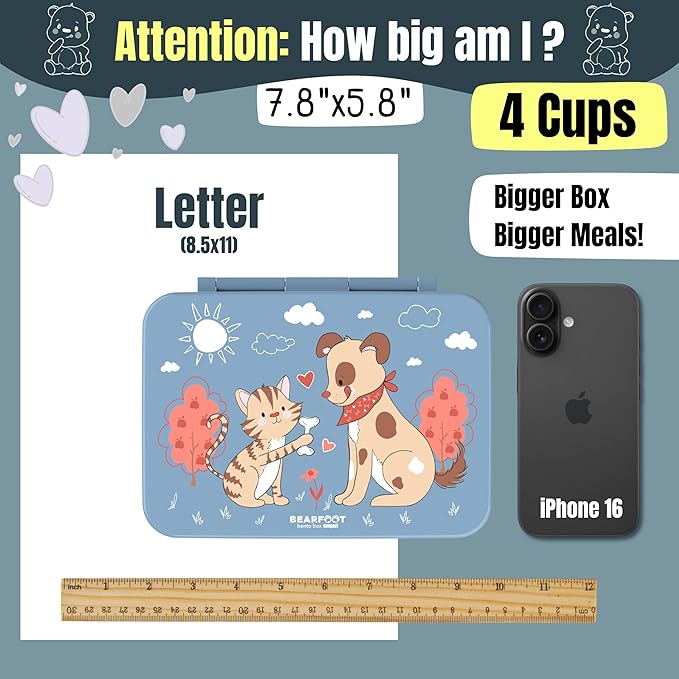 BEARFOOT Kids Lunch Box with Compartments – Compact & Lightweight | Leak-Proof, BPA-Free, Dishwasher & Microwave Safe | Hand-Drawn Design for Preschool, School, Travel (Dog & Cat Blue, 4 Cups)