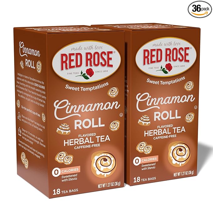 Red Rose Sweet Temptations Dessert Tea Cinnamon Roll, Zero Carbs, Zero Sugar Bursting with Flavor Caffeine-Free Delicious Beverage Herbal Tea, 18 Count Pack of 2 Fruit Naturally Flavored Herbal Tea