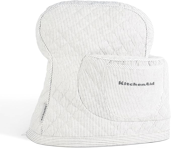 KITCHENAID Fitted Tilt-Head Stand Mixer Cover with Storage Pocket, Quilted 100% Cotton,14.4"x18"x10", Ticking Stripe Charcoal Grey