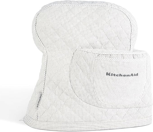 KITCHENAID Fitted Tilt-Head Stand Mixer Cover with Storage Pocket, Quilted 100% Cotton,14.4"x18"x10", Ticking Stripe Charcoal Grey