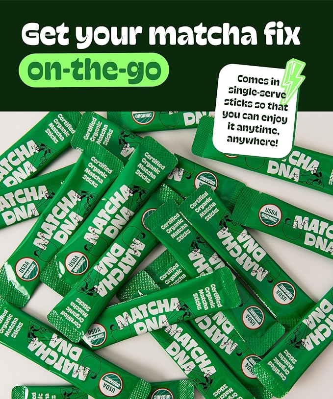 MatchaDNA Organic Matcha Powder Sticks x15 Pack (1.5g Each) – Instant Organic Matcha – Macha Green Tea Blend Unsweetened – Macha Powder Tea for Lattes, Drinks, Smoothies, Recipes, Healthy Beverage