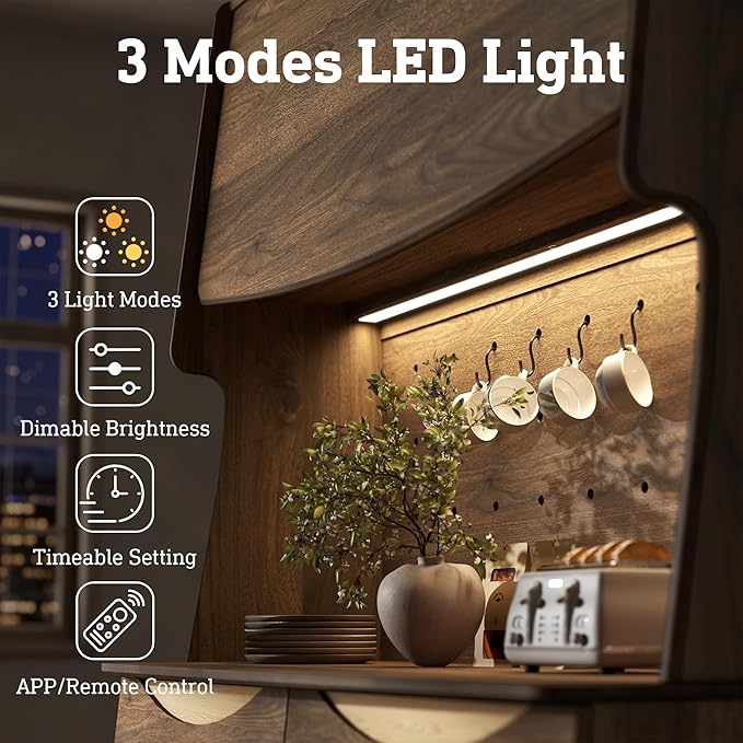 STO'SENSE 72’’ Kitchen Pantry Cabinet w/Power Outlets, Tall Storage Cabinet w/LED Light, FILP-up Door & Pegboard, Freestanding Kitchen Hutch w/Drawers, Solid Wood Handles (Walnut)