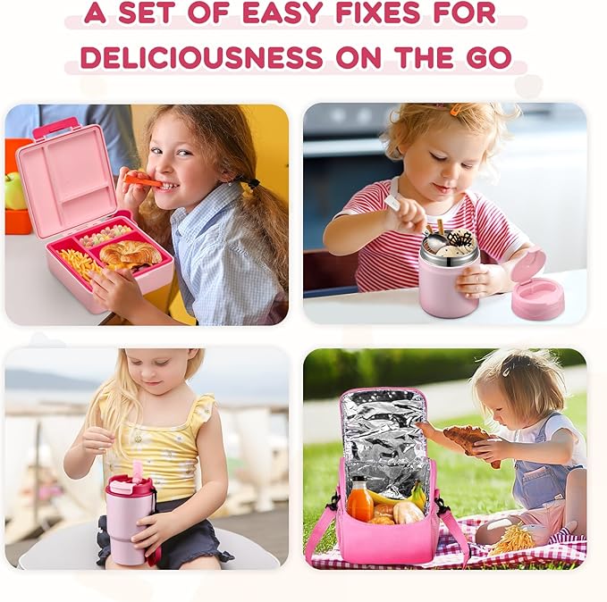 Lunch Box Set with Bento Box Container, 17OZ Stainless Steel Food Soup Thermo, Kids Water Bottle & Portable Insulated Lunch Bag – Leakproof, Hot/Cold Retention for School, Travel(Pink)