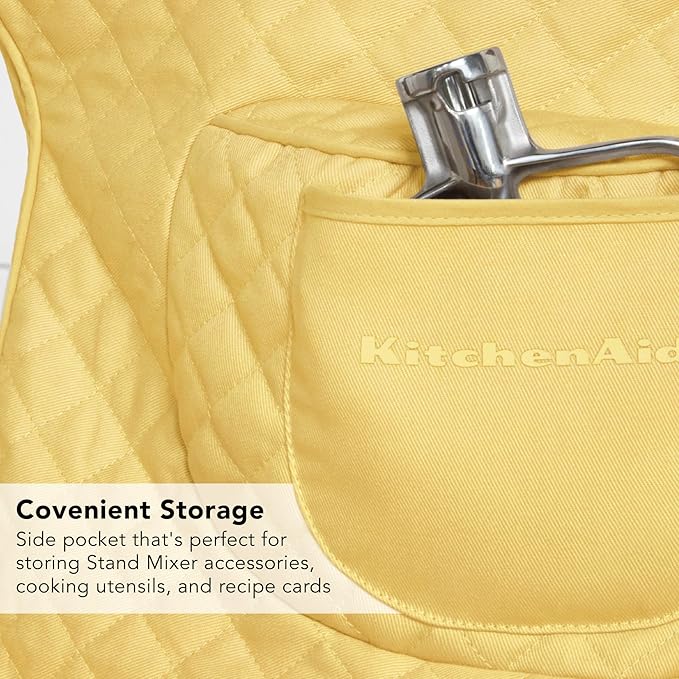 KITCHENAID Fitted Tilt-Head Stand Mixer Cover with Storage Pocket, Quilted 100% Cotton,14.4"x18"x10", Butter Yellow