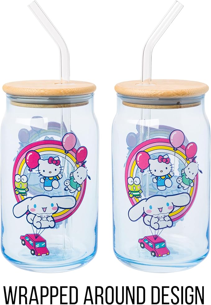 Silver Buffalo Sanrio Hello Kitty & Friends Floating Car Balloons Featuring Cinnamoroll, Pochacco, and Keroppi Glass Jar Tumbler with Bamboo Lid and Glass Straw, 16 Ounces (Pack of 12)
