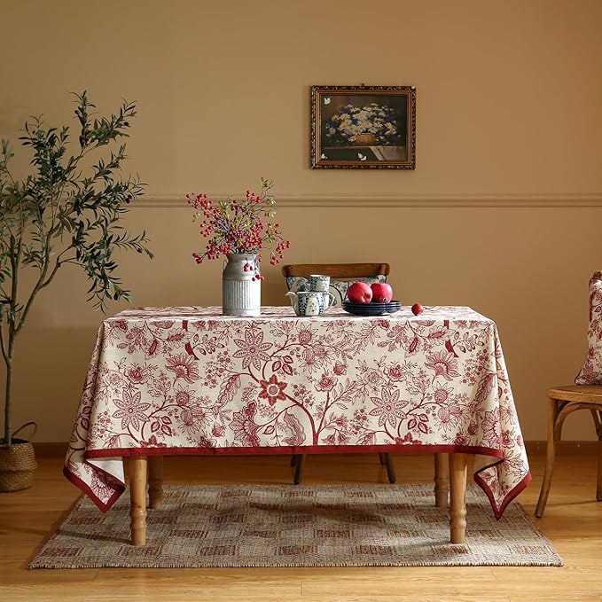 ISAENNE Designer French Linen Tablecloth Rectangular,Red Floral Washable Indoor Table Cloth,Durable Home Decor Tablecloths for Dining Thanksgiving Kitchen Party Christmas,55"*87"-Ruyi A