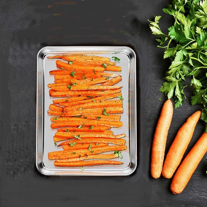 TeamFar Toaster Oven Pans Set of 4, Stainless Steel Compact 10.5 x 8 x 1 Inch Baking Roasting Pan Professional, Healthy &Heavy Duty, Easy Clean & Dishwasher Safe, Deep Edge & Mirror Surface