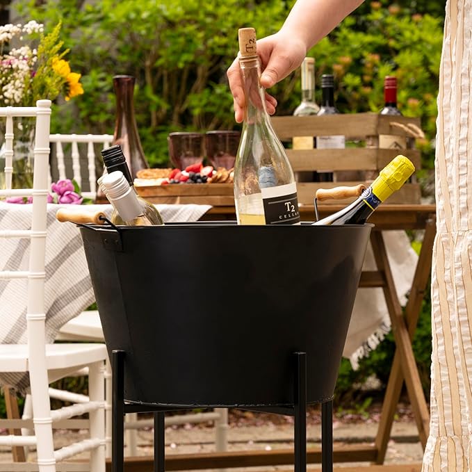 Twine Black Beverage Tub with Collapsible Stand, Large Metal Bucket and Tray, Ice Drink Buckets with Acacia Wood Handles for Parties, 3-Piece Set