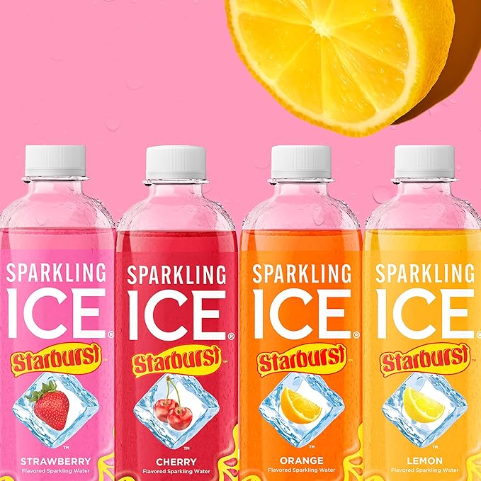 Sparkling Ice STARBURST Lemon, Zero Sugar Flavored Sparkling Water, with Vitamins and Antioxidants, Low Calorie Beverage, 17 fl oz Bottles (Pack of 12)
