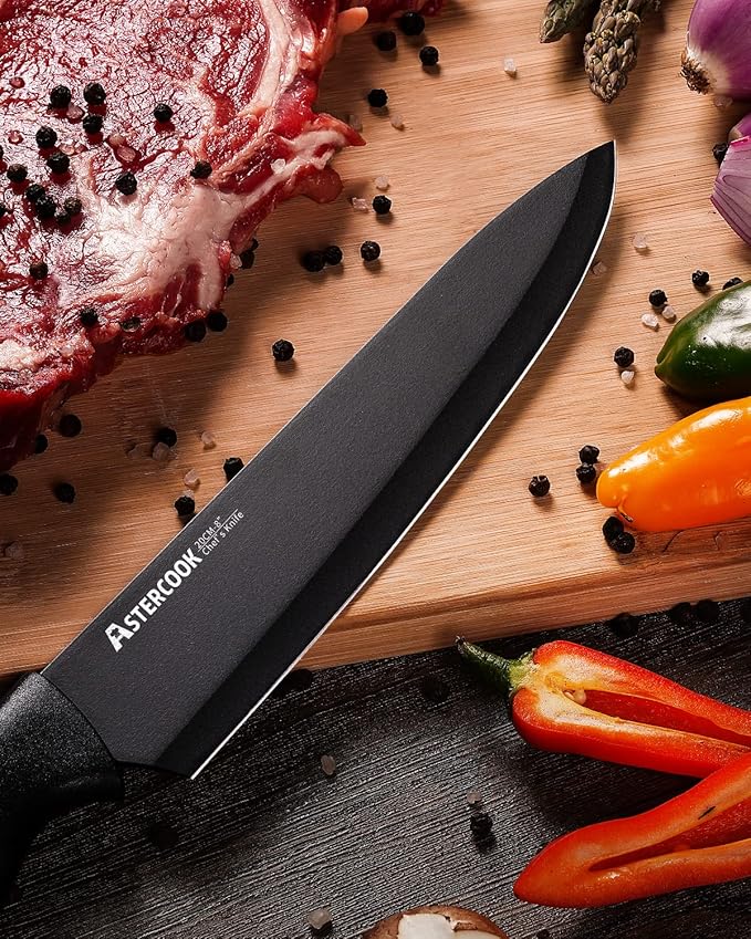 Astercook Knife Set, Kitchen Knife Set with Built-in Sharpener Block, Dishwasher Safe, 15 Pieces German Stainless Steel Knife Block Set, Black