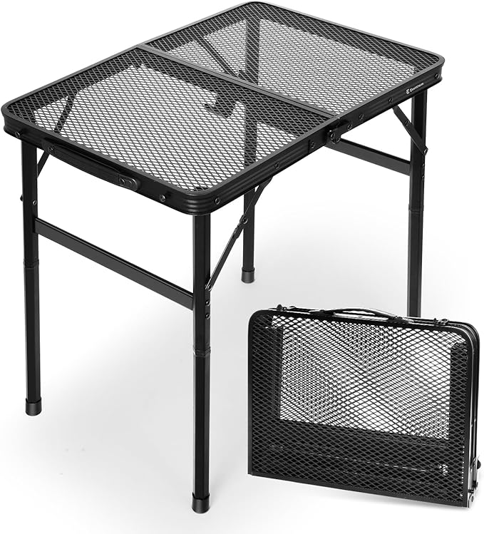 2Ft Small Folding Table with Carry Handle, Adjustable Height 10.6–22 in, Black Metal Mesh, Portable & Compact Indoor/Apartment/Card/Side/Grill Table, 23.6×15.8 in, 4 lb, 66 lb Capacity