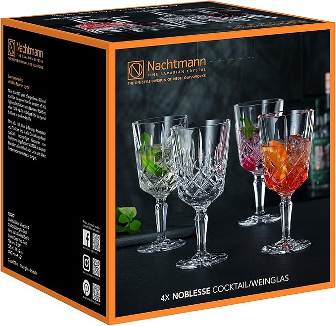 Nachtmann Noblesse 12 Oz. All Purpose Glasses, Set of 4 – 7.4" Crystal Drinkware with Elegant Cut Design, Modern Barware Glasses for Wine, Cocktails & Water, Lead-Free – Stylish Bar & Dining Set