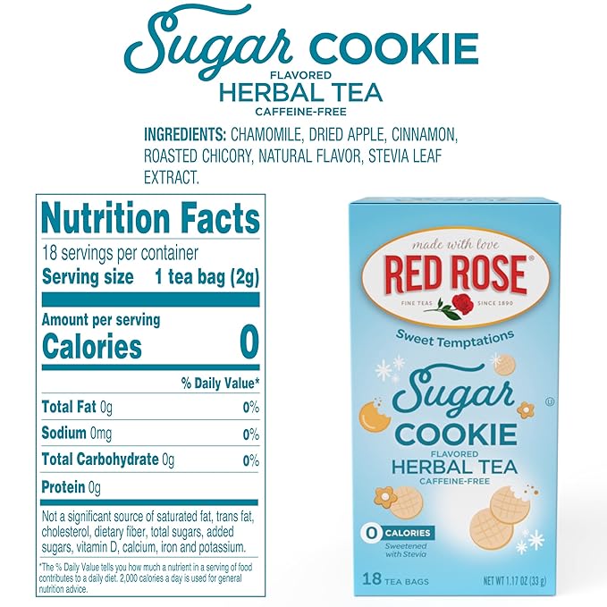 Red Rose Sweet Temptations Dessert Tea Sugar Cookie, Zero Carbs, Zero Sugar Bursting with Flavor Caffeine-Free Delicious Beverage Herbal Tea, 18 Count Pack of 6 Fruit Naturally Flavored Herbal Tea