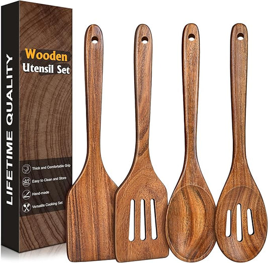 4Pcs Wooden Spatula for Cooking, Acacia Wooden Spatula for Kitchen Use, Nonstick Cookware Safe Utensils Set for Cooking, Mixing, Serving, Draining, Ideal Cooking Utensils Gift