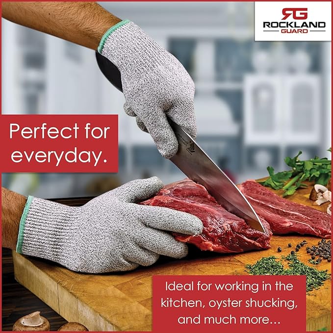Rockland Guard Professional Oyster Shucking Knife Set - Includes 3.5" Stainless Steel Oyster Shucker with Non-Slip Handle & Bent Tip, Kitchen Cutting Gloves - Food-Grade, Dishwasher-Safe Seafood Tools Set - Medium