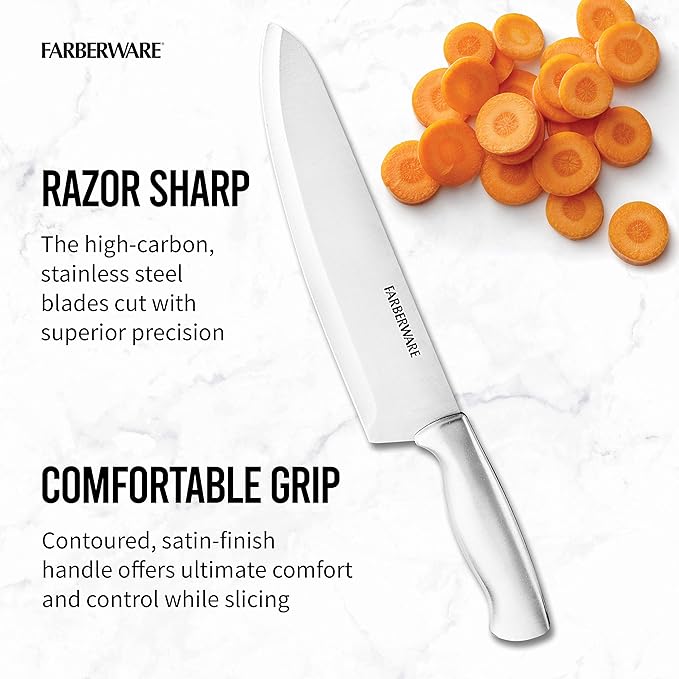 FARBERWARE 15-Piece Kitchen Knife Set with High-Carbon Stainless Steel Blades, Black Handles, Steak Knives, Wood Block, Razor Sharp and Ergonomic