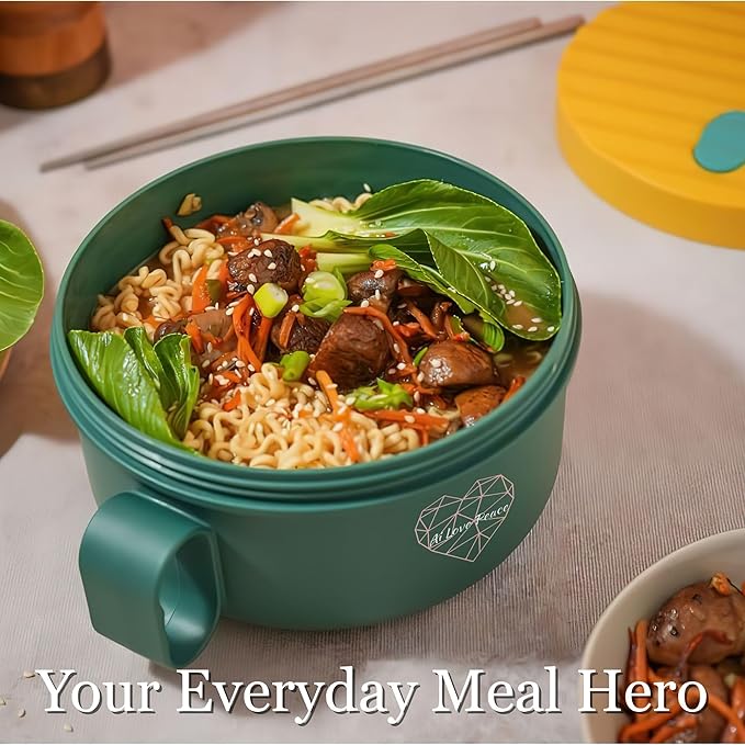 AI LOVE PEACE Ramen Bowl, 40 oz Microwaveable Noodle Cooker for Ramen, Pho, Soup, and Pasta, Dishwasher Safe and Portable, Ideal for Home, Office, Dorm, or Gift (Green)