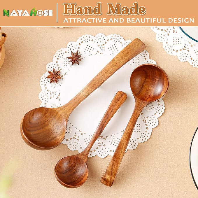 Wooden Ladle for Soup, 3Pcs Wooden Spoons for Cooking, Non-Stick Wood Spoon, Natural Teak Wood Cooking Spoons, Kitchen Utensils Spoons Set