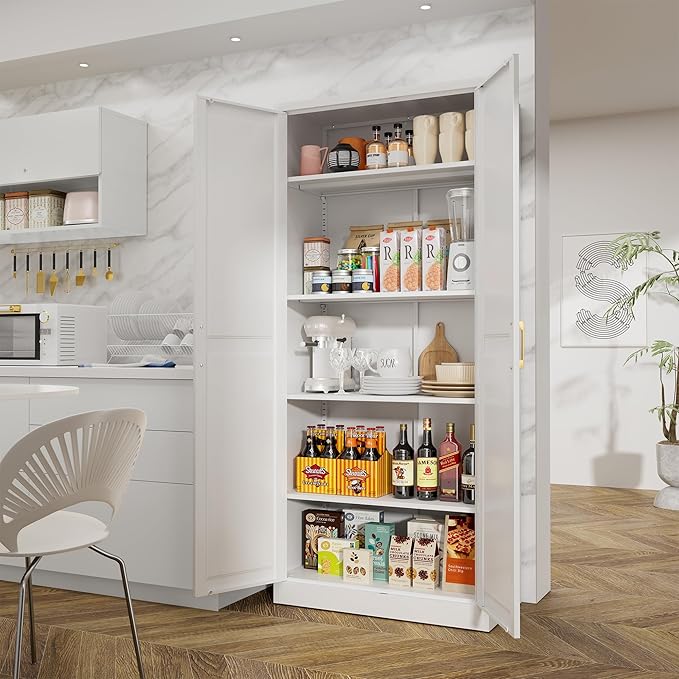 71" Tall Metal Storage Cabinet, Kitchen Pantry Storage Cabinets with Doors and 4 Shelves, White Pantry Cabinet, Utility Kitchen Cupboard, Large Steel Cabinets for Dining, Office, Living Room