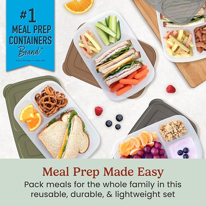 Bentgo Easyboxes - Original Stackable Lunch Boxes - Reusable 3-Compartment Food Containers for Kids and Adults - Bento Lunch Box for Meal Prep, School, & Work - BPA Free, Set of 4 (Earth Tones)