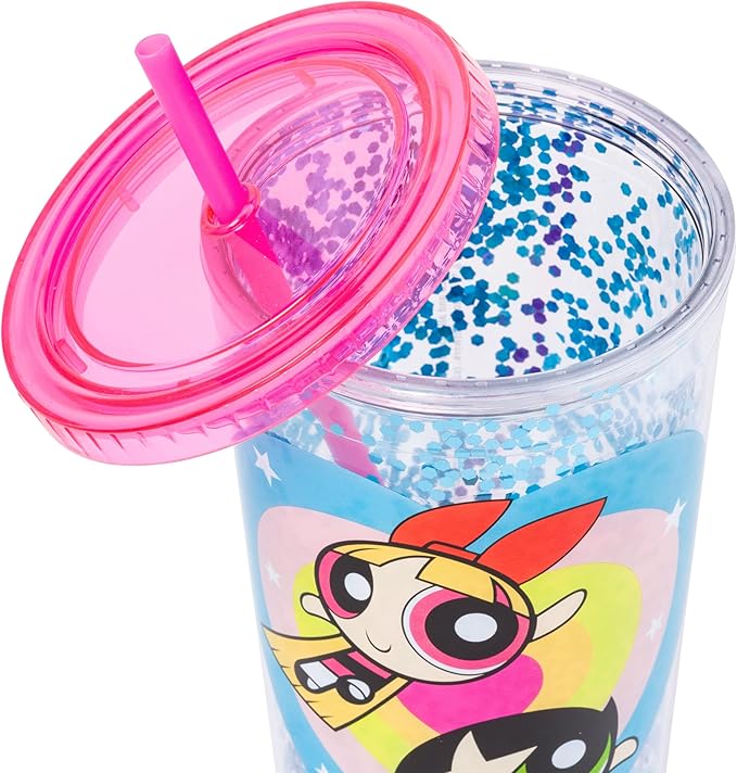 Silver Buffalo The Powerpuff Girls Featuring Blossom, Bubbles, and Buttercup Plastic Confetti Cold Cup with Lid and Straw, 32 Ounces
