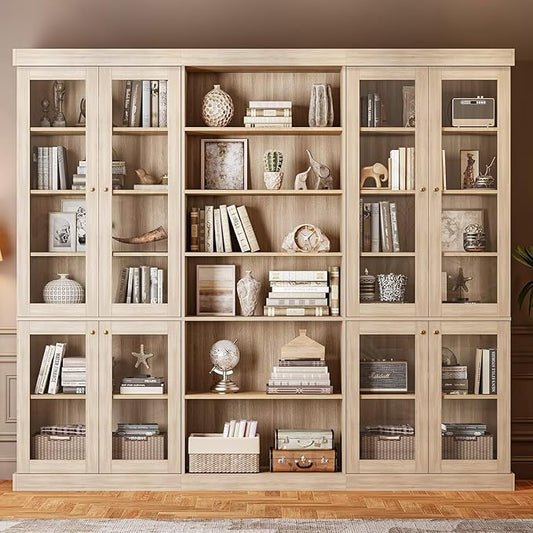 70.8" Tall Brown Bookshelf with Glass Doors, Farmhouse Modular Bookcase with 6-Tier Adjustable Shelves, Large Storage Cabinet for Home Office, Living Room, Set of 2