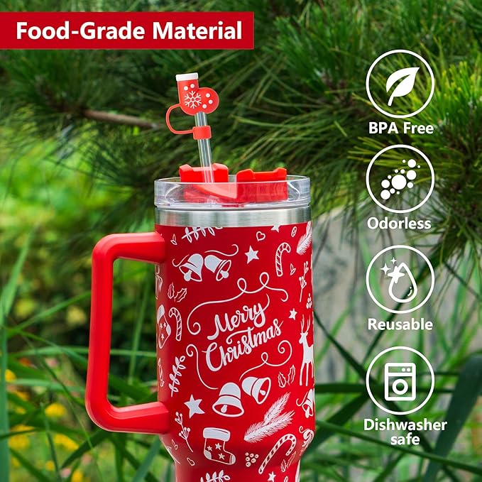6Pcs Christmas Red Straw Cover Cap for Stanley Cup 40oz/30oz Tumbler, 10mm Reusable Cute Drinking Straw Topper Accessories, Portable Protector Plugs Decorations Gifts for Party Christmas