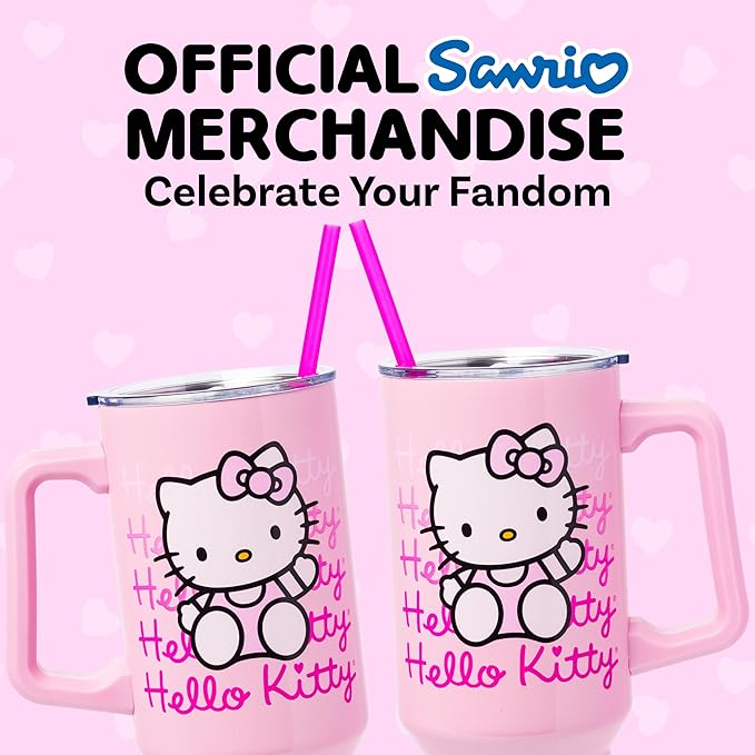 Silver Buffalo Sanrio Hello Kitty Waving Stainless Steel Tumbler with Handle and Straw, Fits in Standard Cup Holder, 40 Ounces