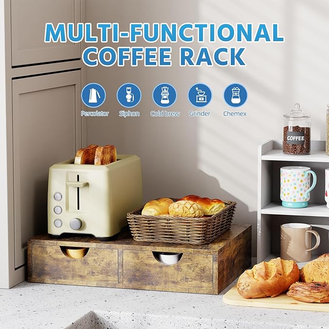 Simple Trending K Cup Organizer Coffee Pod Holder, Wooden K Pod Storage Drawer, Coffee Maker Machine Stand, 30 Pods Capacity
