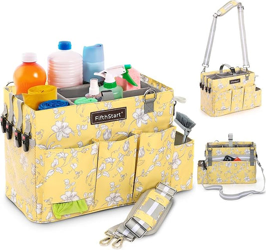 FifthStart Multipurpose Cleaning Caddy with Waist & Shoulder Strap - Diaper Caddy with 9 Pockets, Mesh Base & Adjustable Compartments - Cleaning Supplies Organizer (Yellow Floral, Small)