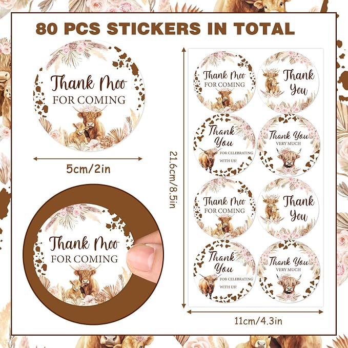 Serencatcher 80 Pcs Highland Cow Thank You Stickers 2 Inch, Highland Cow Themed - Image 5