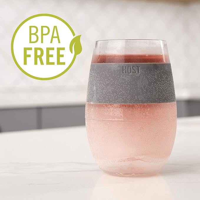 HOST 2962 Freeze Stemless Red & White Wine Tumbler Cups, Insulated Plastic Glass, Set of 2, 8.5 oz, Grey Silicone Bands