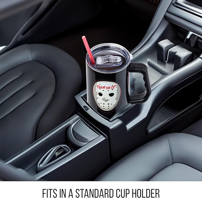 Silver Buffalo Friday The 13th Stainless Steel Tumbler with Handle Featuring Jason Voorhees’s Mask, Fits in Standard Cup Holder, 40 Ounces