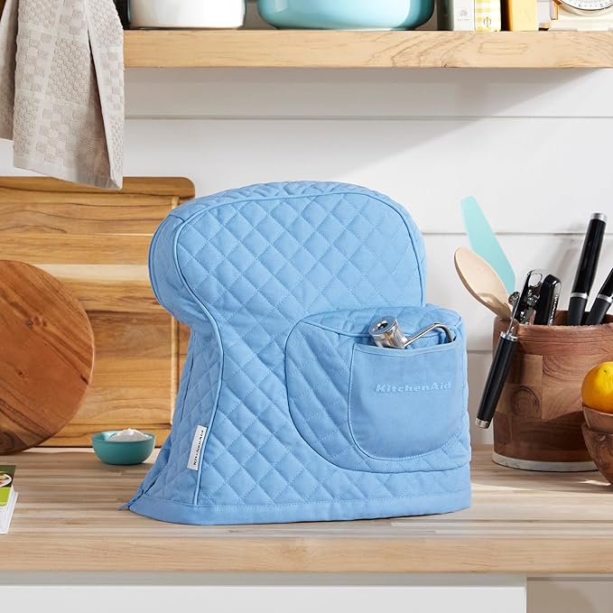 KITCHENAID Fitted Tilt-Head Stand Mixer Cover with Storage Pocket, Quilted 100% Cotton,14.4"x18"x10", Blue Velvet