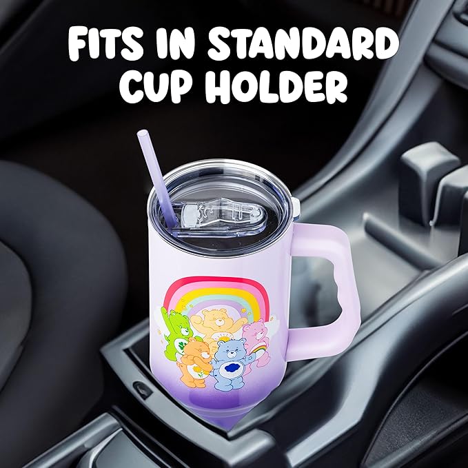 Silver Buffalo Care Bears Rainbow Featuring Funshine, Cheer, Grumpy, Friend, and Good Luck Bear Stainless Steel Tumbler with Handle and Straw, Fits in Standard Cup Holder, 40 Ounces