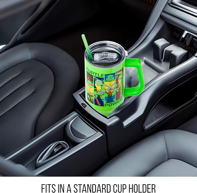 Silver Buffalo Teenage Mutant Ninja Turtles Turtle Power Stainless Steel Tumbler with Handle Featuring Leonardo, Donatello, Raphael, and Michelangelo, Fits in Standard Cup Holder, 40 Ounces